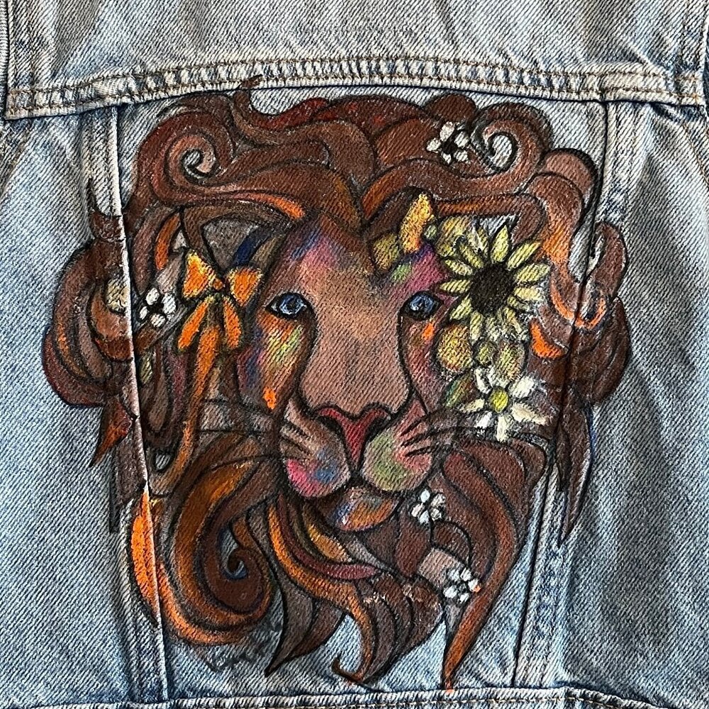 Toddler Trucker Jean Jacket Hand Painted Lion one-of-a-kind on Old Navy denim'
